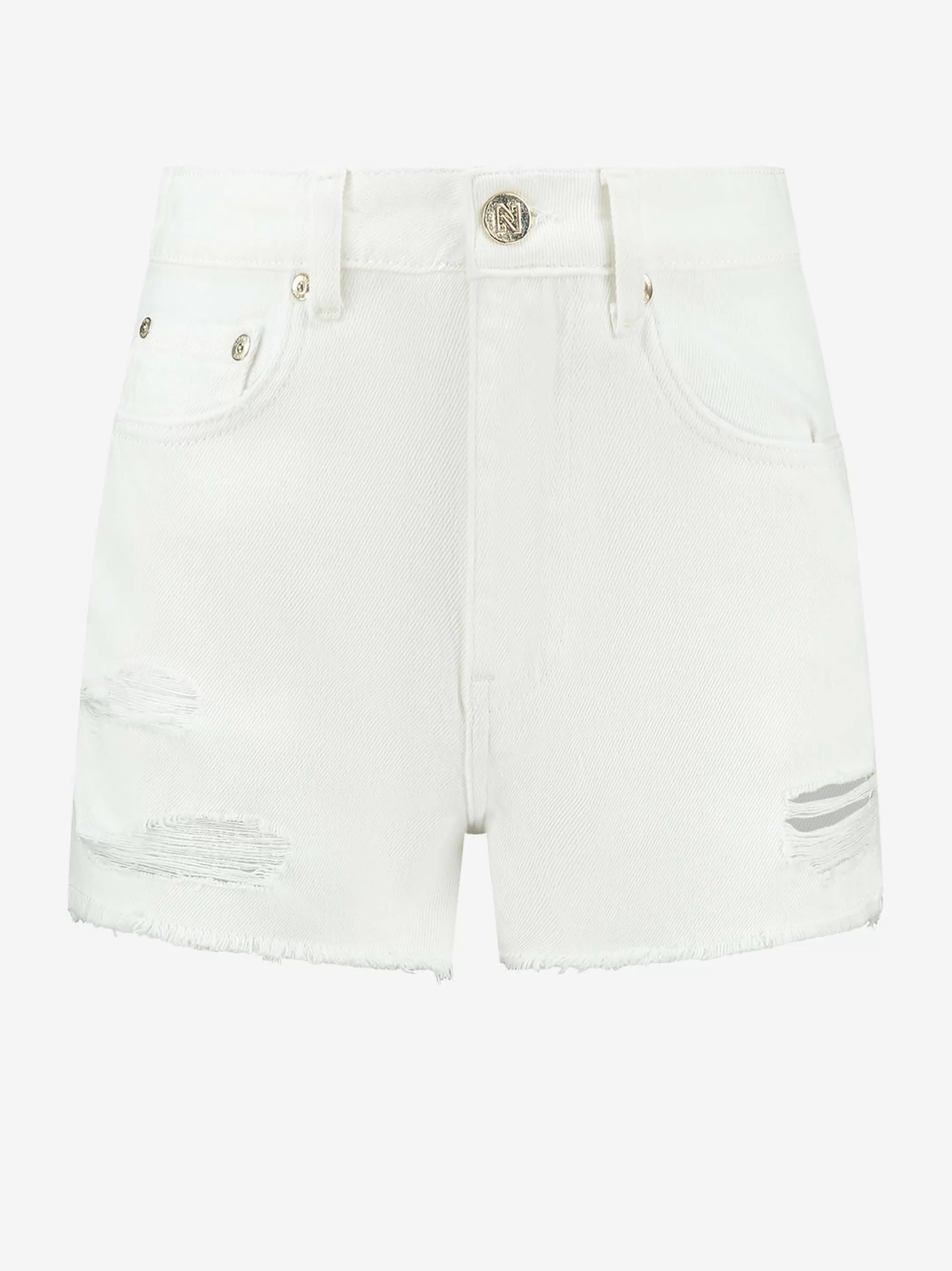 Discount NIKKIE Destroyed High rise denim shorts Off White